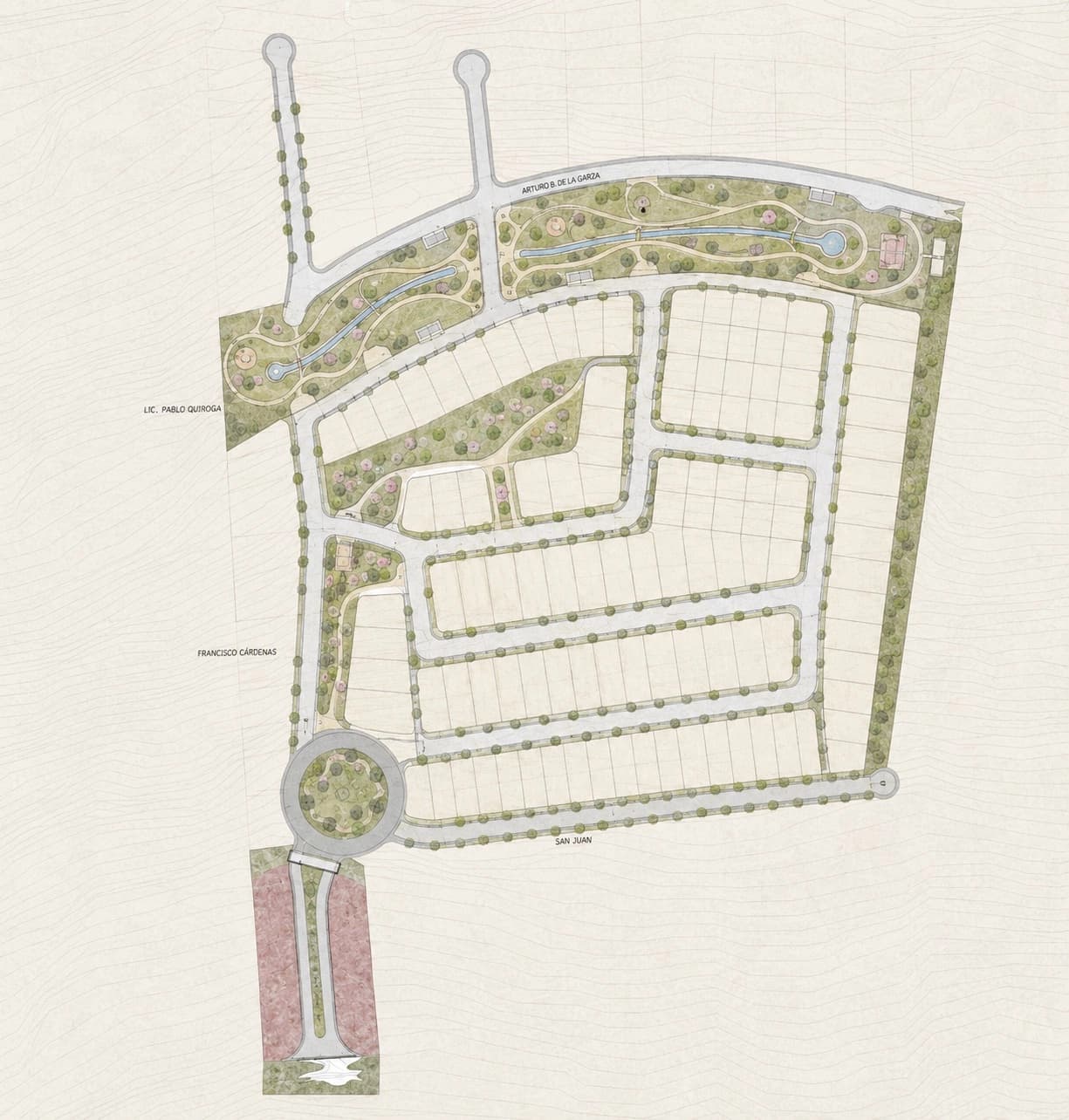 Master plan de Verdana San Sebastián: manzanas residenciales alrededor de un parque lineal con espejos de agua, con las vialidades Arturo B. de la Garza, Lic. Pablo Quiroga, Francisco Cárdenas y San Juan como colindancias